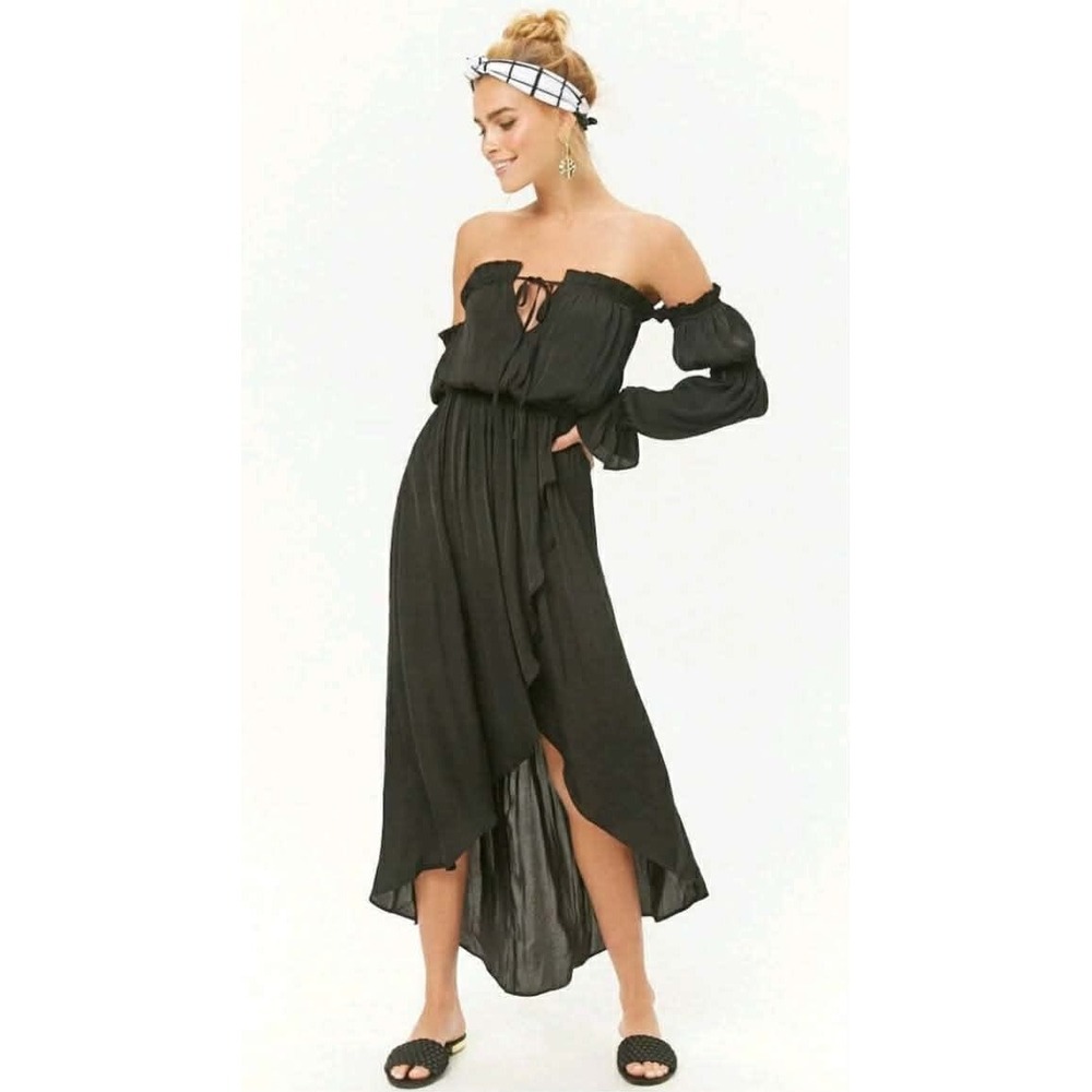 Forever 21 Womens Black‎ Off Shoulder High Low Maxi Dress Ruffle Boho